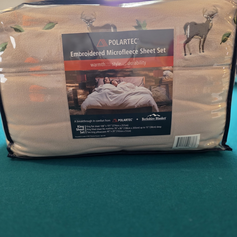New Polartec Embroidered (Deer/Leaf) Microfleece King Size Sheet Set - Cream